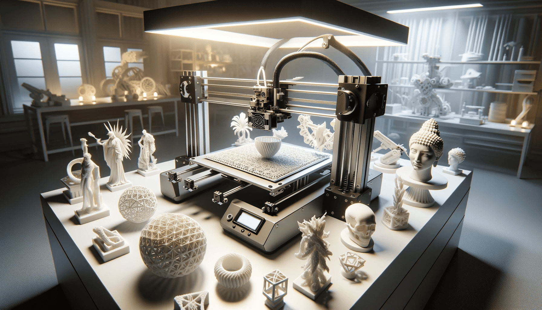 A detailed image of a 3D printer in action, set in a well-lit, crisp environment. The printer is successfully and flawlessly printing various objects,