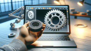 A hand holding a intricate 3D printed gear prototype next to a laptop showing a 3D design file, representing rapid prototyping technology allowing products to be tested before full production.