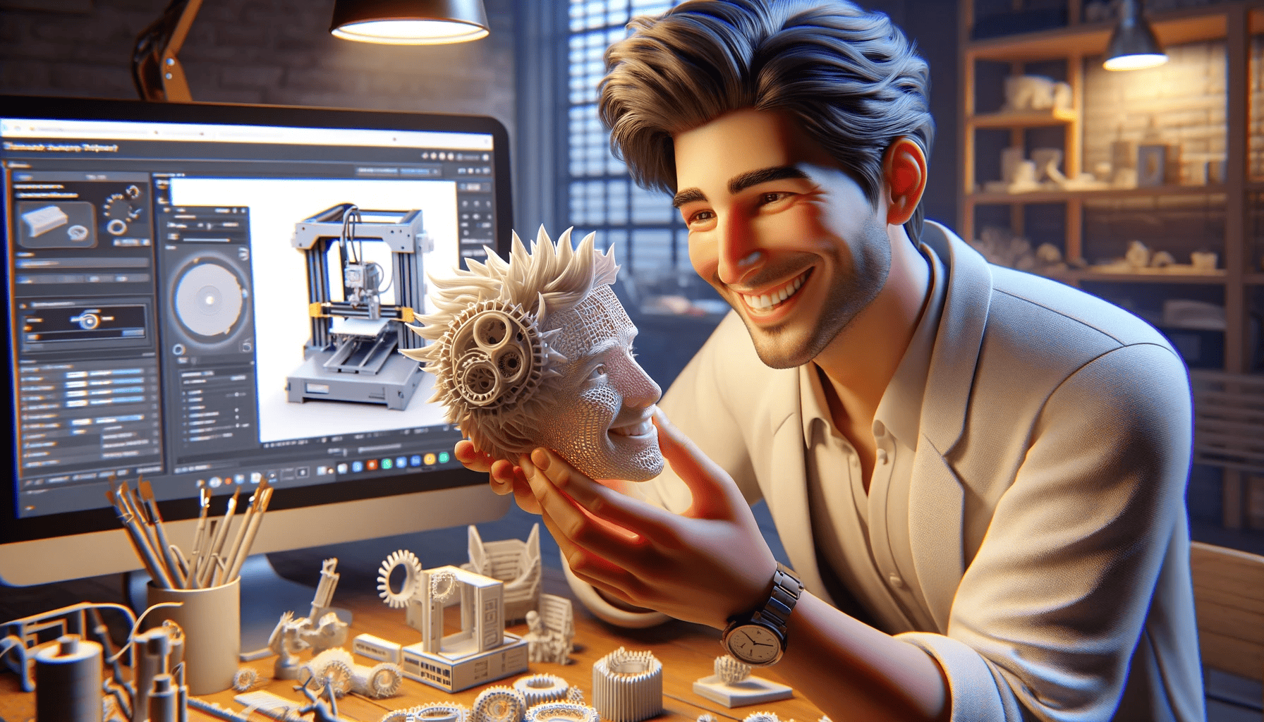 A happy person examining a detailed 3D printed model that they created after completing our beginner 3D printing tutorials.