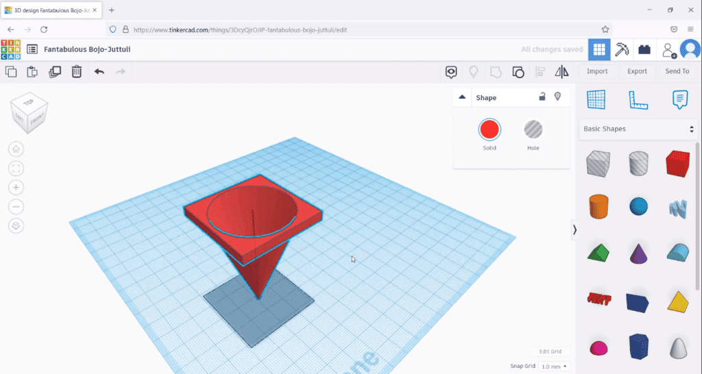 A screenshot of a 3D Tinkercad project showing a red cone shape above a square base on the design grid.