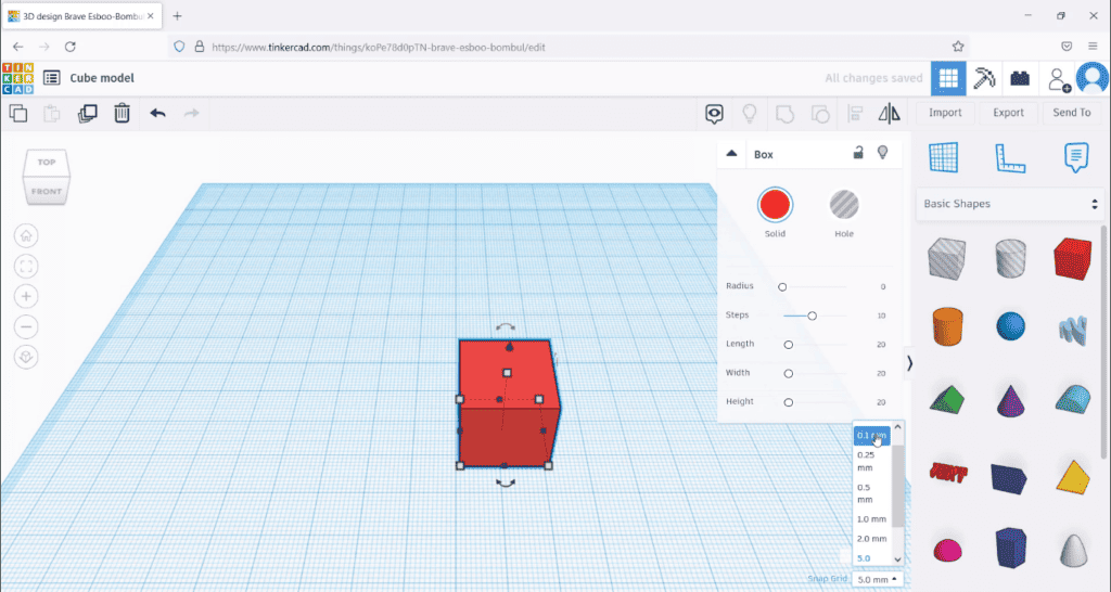 A screenshot of the Tinkercad interface showing a red box on the workplane with adjustment handles visible, and the snap grid option set to 0.1 mm.