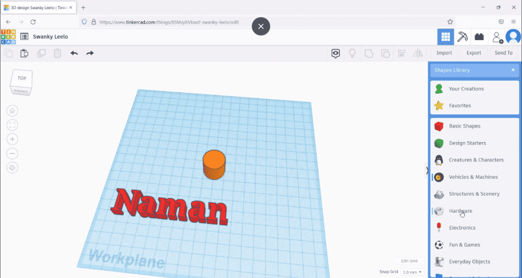 A screenshot of a Tinkercad 3D design interface with the name 'Naman' modeled in red on the workplane and various design tools visible on the sidebar.