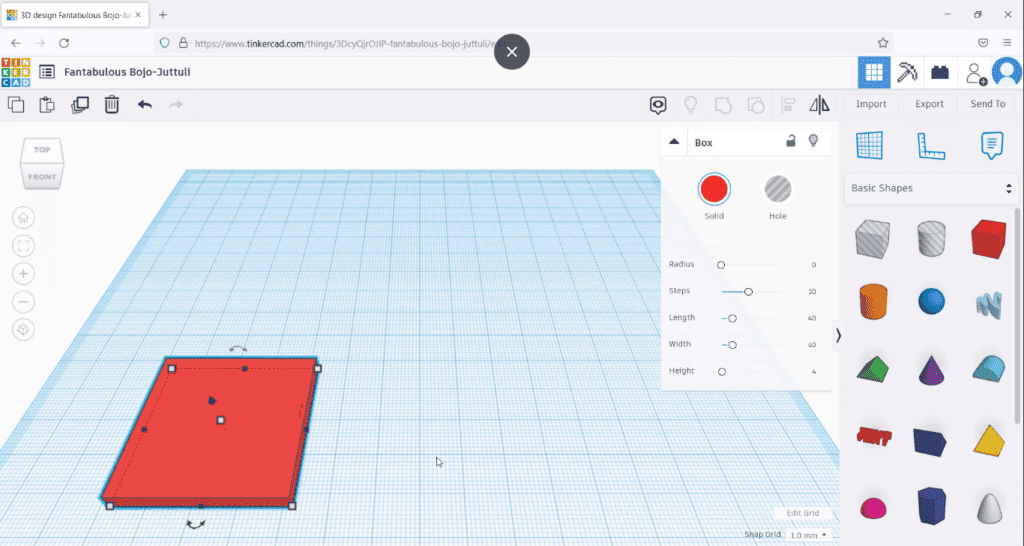 A screenshot of a 3D modeling software interface, specifically Tinkercad, displaying a red square base being edited on a grid workspace.