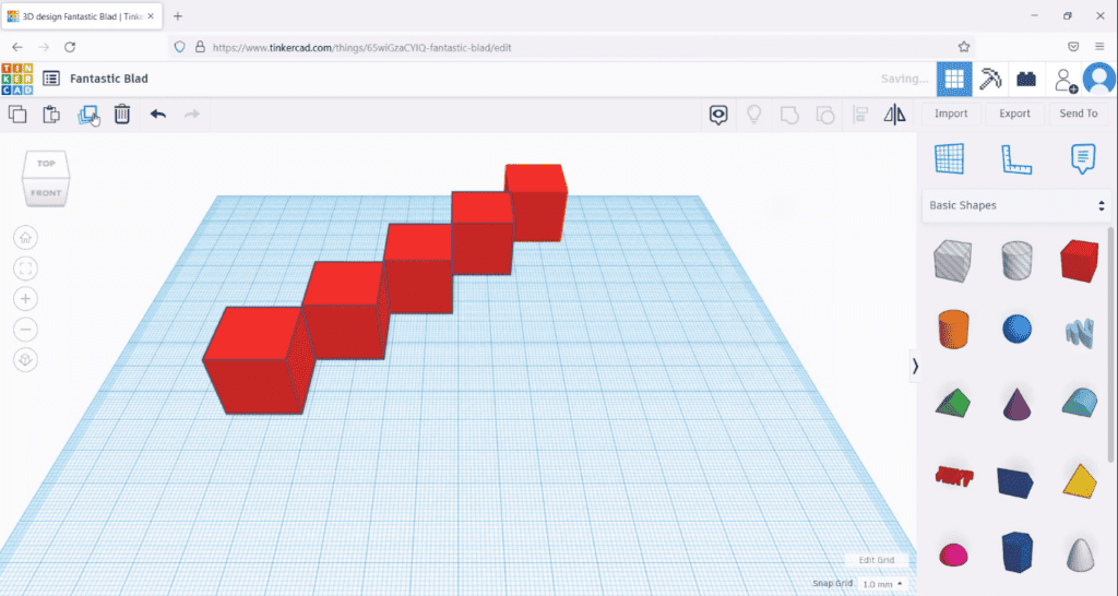 A screenshot of a 3D design project in Tinkercad, showing a sequence of red cubes on a grid with the duplicate tool visible.