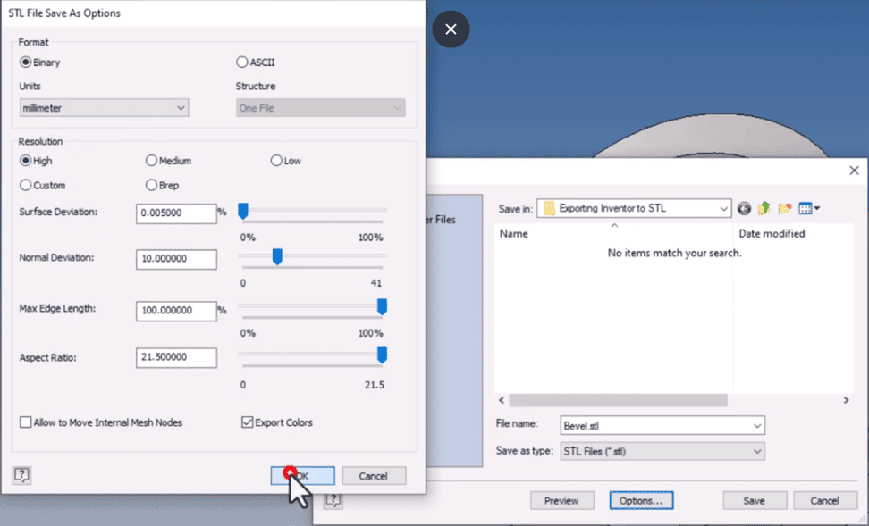 A dialog box showing the STL File Save As Options with various settings for format, units, and resolution, alongside a file saving window with the name 'Bevel.stl' ready to be saved.