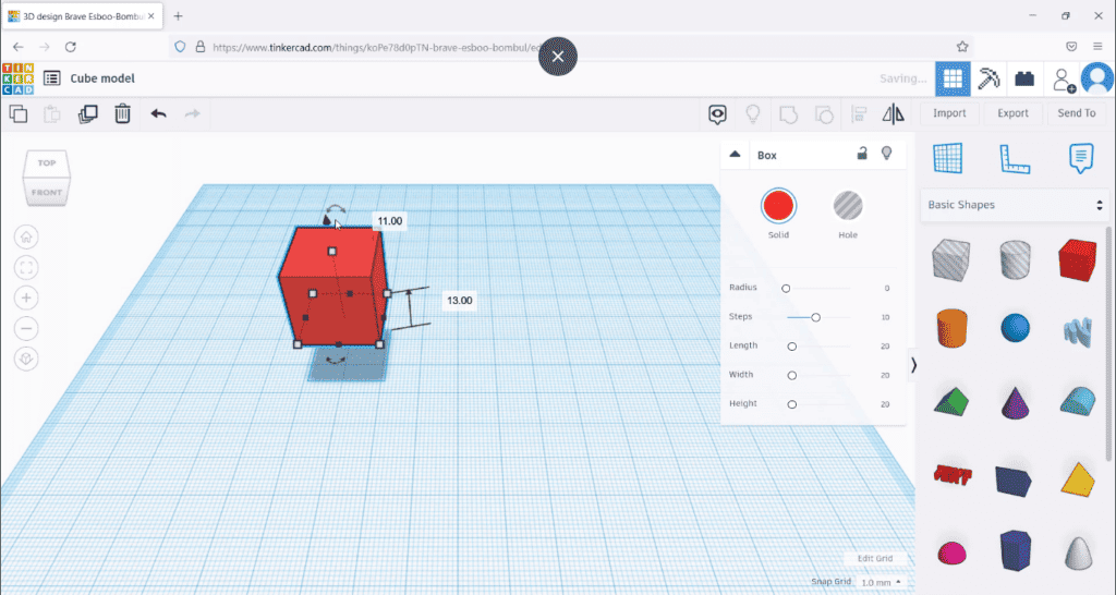 A screenshot of the Tinkercad interface with a red cube on the workplane being resized, showing numerical dimension values for width and height.