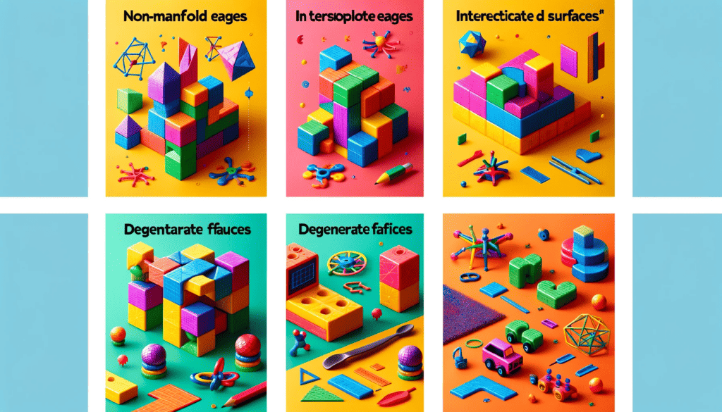 An educational image divided into four colorful sections, each illustrating different 3D modeling errors with toy blocks and playful accessories.