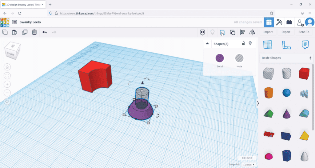 A screenshot of 3D modeling software with a red pentagonal prism and a complex assembly of a purple cone and cylinder, set up for a boolean operation.