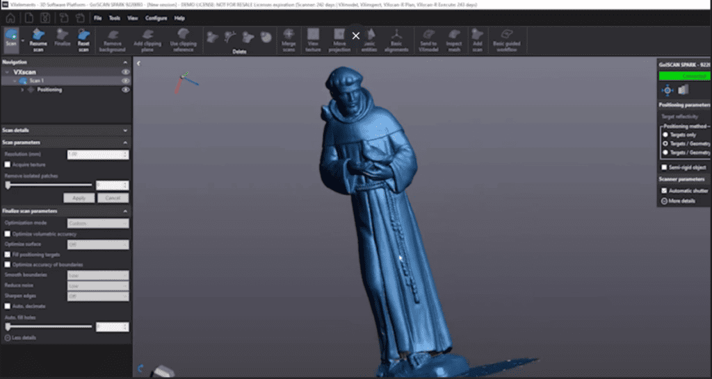 A software interface showing a 3D laser scan of a statue being processed, with various scan settings and parameters visible on the screen.
