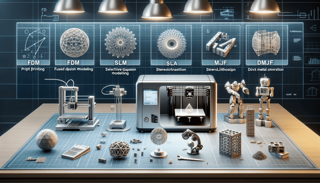 An illustrative display of various 3D printing technologies with corresponding models and diagrams, including FDM, SLS, SLA, MJF, and DMLS.