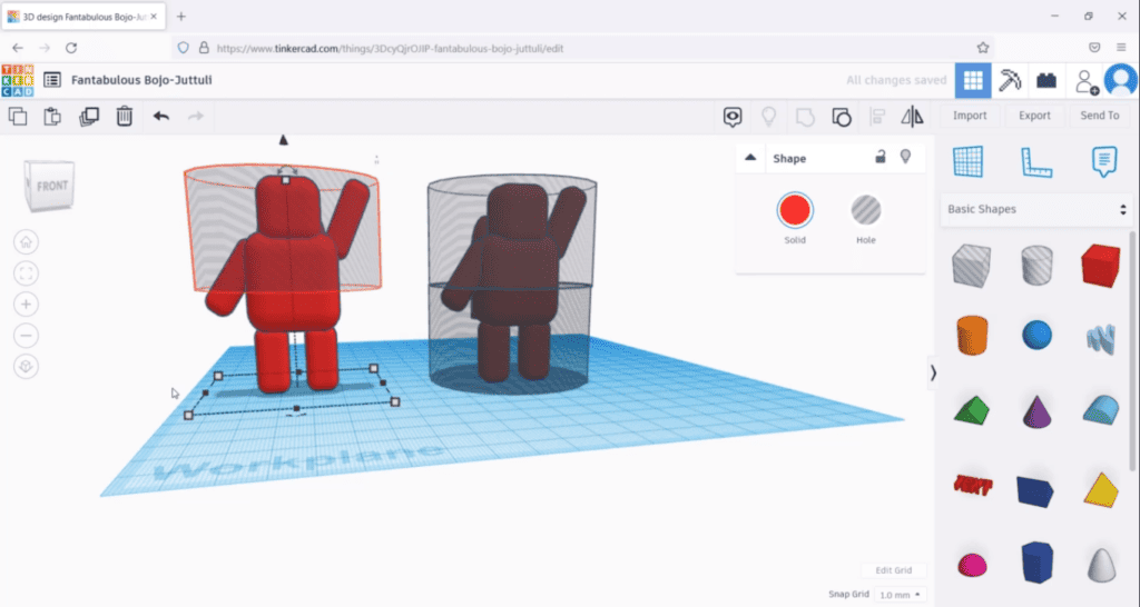 3D design interface showing a red figurine model encased in a selection box on Tinkercad.