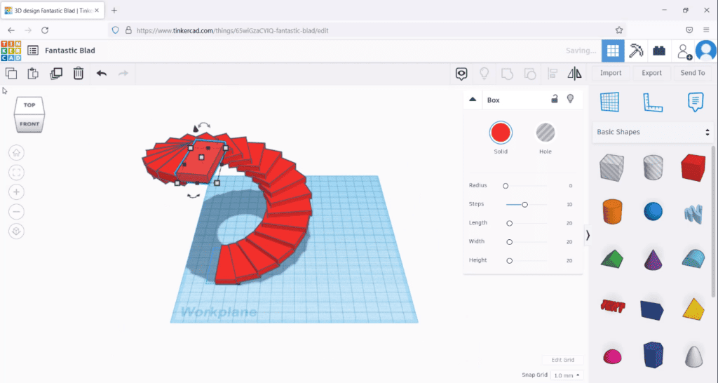 A screenshot of a Tinkercad 3D design interface showing a red spiraling staircase model on a blue grid workplane.