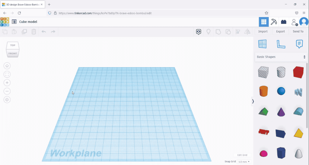 A screenshot of the Tinkercad 3D design interface, showing an empty workplane with the basic shapes toolbar open on the right side.