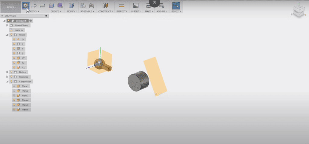 An Autodesk Fusion 360 workspace displaying a 3D model with multiple work planes and a cylindrical body highlighted.