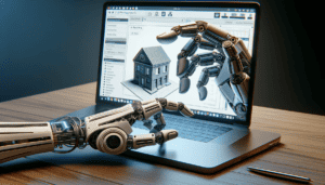 A robot hand holds a 3D model of a house above a laptop showing CURA slicer software on the screen, converting it into gcode.