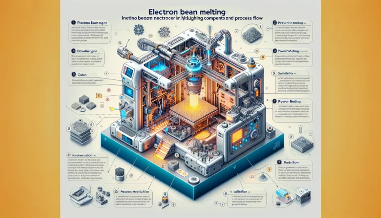 Infographic showing cutaway inside electron beam melting 3D printer highlighting components and process flow