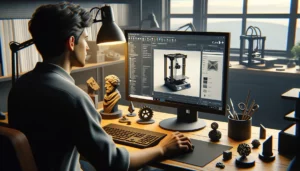 Person using Cura software to set up 3D printer and import model file on computer screen